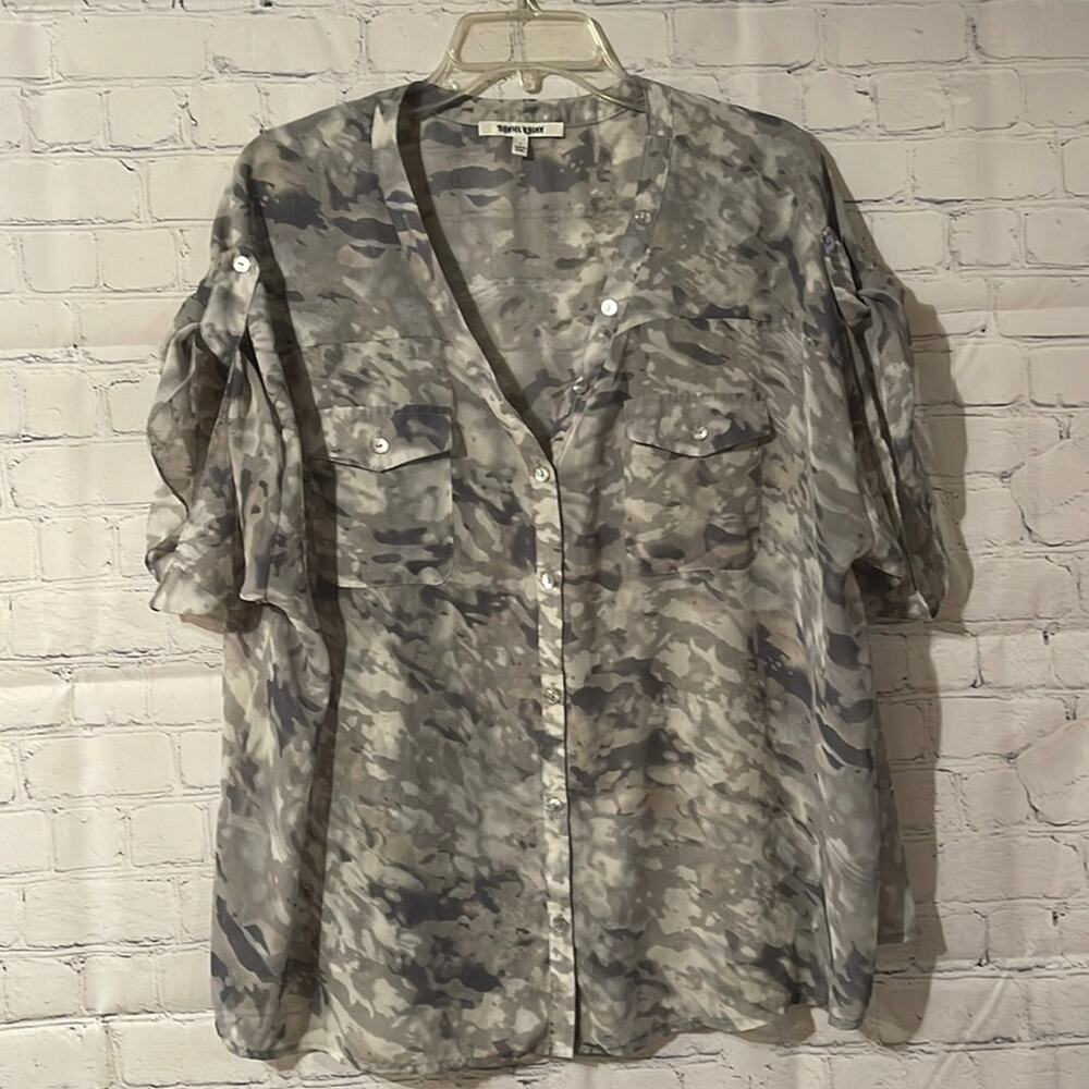 Daniel Rainn sheer button down camouflage blouse
